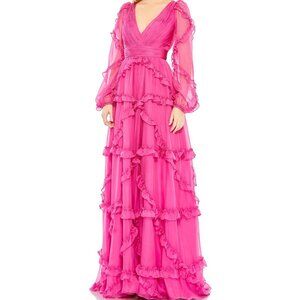 NWT MAC DUGGAL CASCADING RUFFLE PUFF SLEEVE A LINE GOWN PINK‎ SZ 20 68223